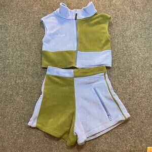 COLUMBIA Upcycled Repurposed Fleece Vest Shorts Blue Green Handmade Womens Small